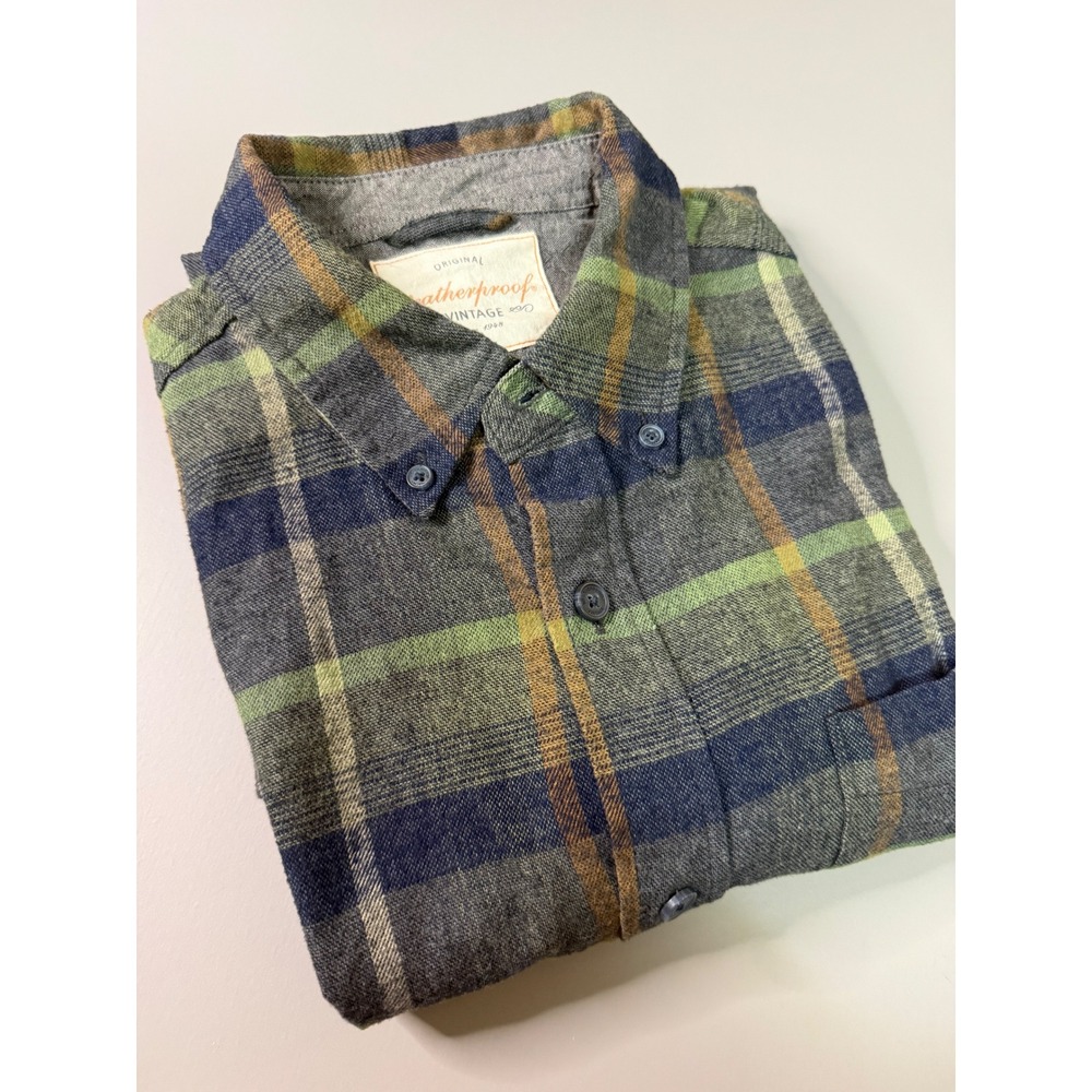 Weatherproof Vintage Mens Plaid Flannel Shirt Green Navy Blue Medium 1600575